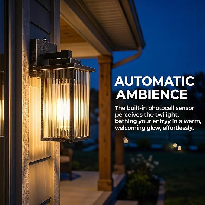 13-Inch Black Brush Gold Outdoor Wall Light, Dusk to Dawn Exterior Light Fixture, IP65 Waterproof Rust-Resistant Metal & Textured Glass Wall Mount Sconce for Porch Garage Entryway