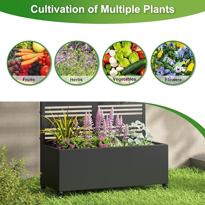 Casaphoria Metal Raised Garden Bed with Trellis and Wheels, 72"x47"x16" Planter Box for Climbing Plants, Vegetables & Vines, Features Drainage Holes and Privacy Screen (Black-Spring)