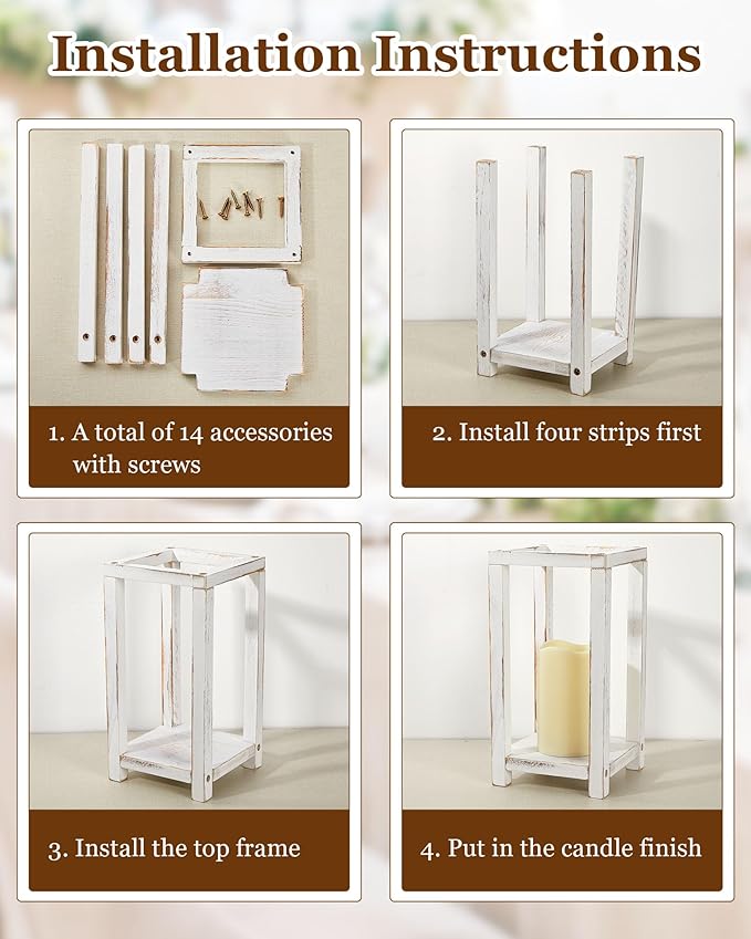 Huquary 8 Pcs Wooden Wedding Lantern Centerpiece for Table Decoration Includes 4 Farmhouse Candle Holder and 4 Flameless Decorative LED Candles for Rustic Home Wedding Decor(White)