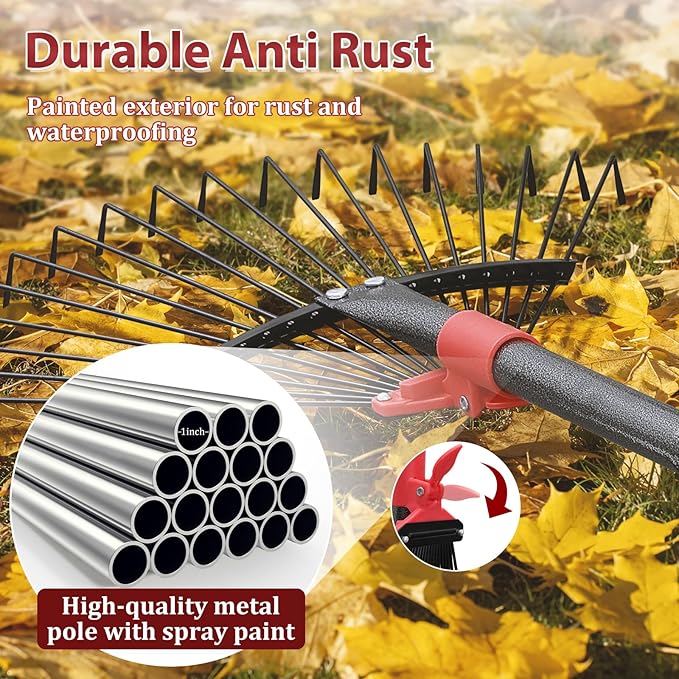 76Inch Adjustable Metal Leaf Rake, 18 Metal Tines Heavy Duty Leaves Rake for Lawns with 8-18" Expandable Head Long Handle Garden Rakes for Women Kids Leaves Yard Gardening Grass Outdoor Camping Debris