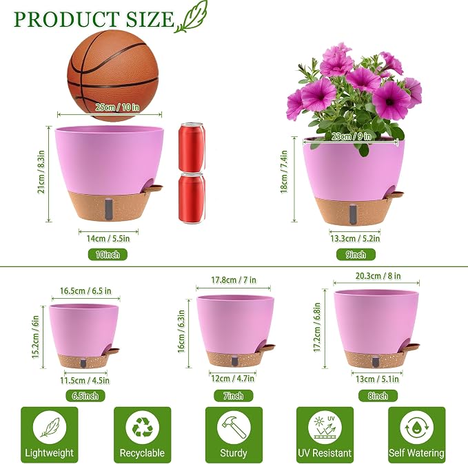 Self Watering Pots for Inoor Ourdoor Plants 10/9/8/7/6.5 Inch Plastic Planters with Drainage Holes & Water Level Indicator, Decorative House Flower Nursery Planting Pots with Saucers (Dusty Rose/Pink)