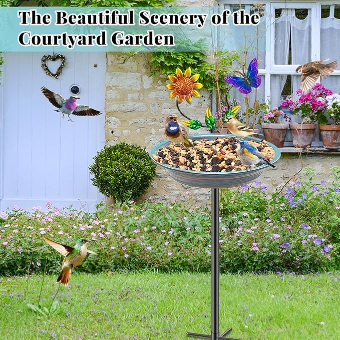 Vintage Metal Bird Bath for Outside, Standing Bird Feerder with Sunflower Decoration, Detachable Birdbaths Bowl for Outdoor Yard Lawn Garden Decor (Vintage Blue)