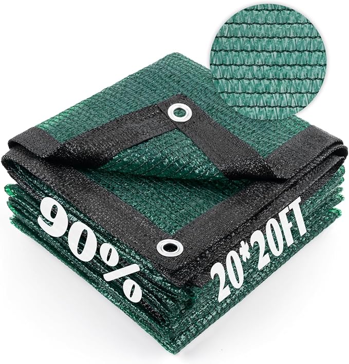 Cool Area 90% Sun Shade Cloth Mesh Tarp with Grommets for Plant Cover 20x20ft Patio Canopy Garden Pergola Greenhouse Car Barn Kennel Dark Green