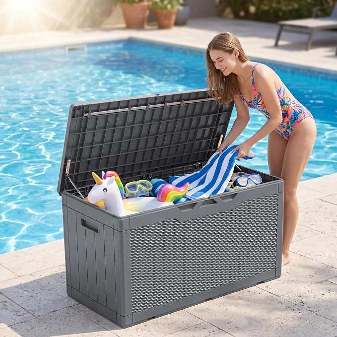 JUMMICO 100 Gallon Resin Deck Box with Cushion, Waterproof Outdoor Storage Box with Lockable Lid for Garden Tools, Patio Cushions (Gray)