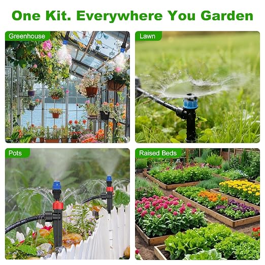 250FT Drip Irrigation System Kit New Quick-Connect, Automatic Garden Watering Misting System for Greenhouse, Yard, Lawn, Plant with 5/16 inch Hose 1/4 inch Distribution Tubing and Accessories