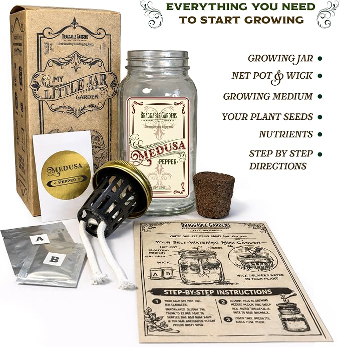 Medusa Pepper Indoor Garden Kit – Mason Jar Hydroponic Pepper Grow Kit – Windowsill Countertop Pepper Plant – Grow Ornamental Chili Peppers Indoors