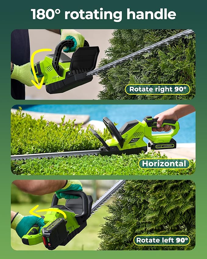 20'' Hedge Trimmers Cordless with Battery, 3000RPM Brushless Electric Bush Clipper with 2pcs 2000mAh Rechargeable Batteries, 180° Rotatable Head, 2/3'' Blade Gap Green, Gifts for Men Dad Father