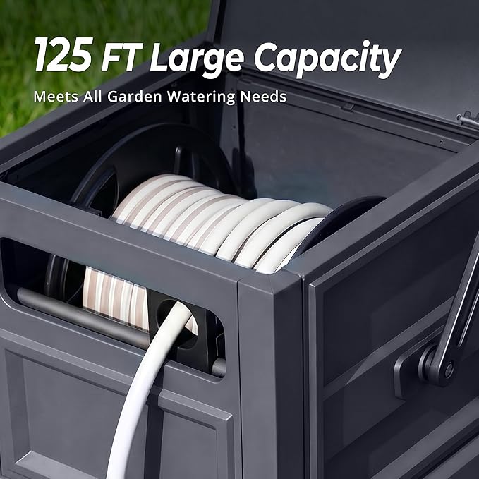 Garden Hose Reel Hideaway, Heavy Duty Metal Hose Reel Box Holds 125FT x 5/8" Hose, Steel Hose Storage Box with Manual Crank, Hose Guide and Leak-Proof Aluminum Connections, Stable 4-Leg Base
