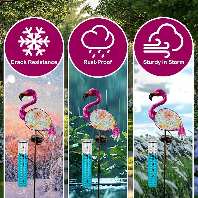 for Wife/Women, Flamingo Rain Gauge Outdoor - Solar Garden Stake Rain Gauges Outdoors Best Rated with LED Lights & Plastic Measuring Cup for Yard Lawn Patio Flowerpot Decor