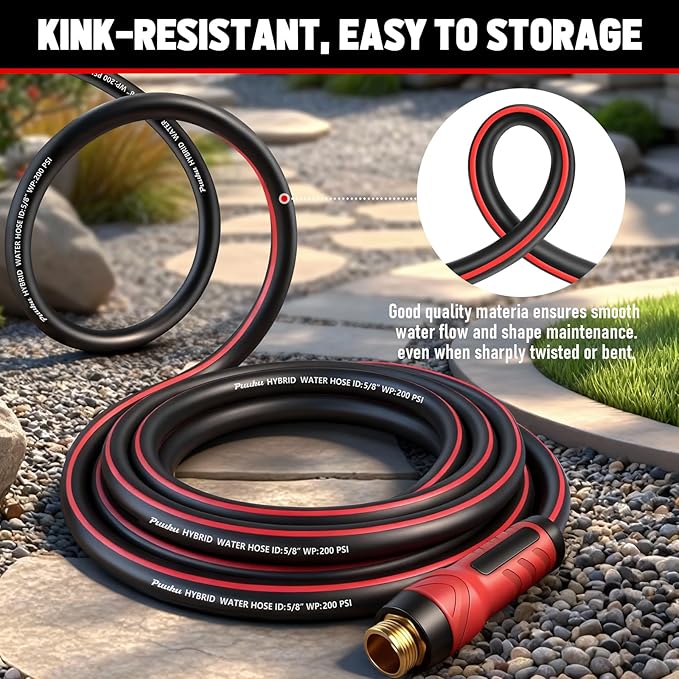 Garden Hose 75ft x 5/8", NON-EXPANDABLE Heavy Duty Premium Flexible Water Hose with 10 Function Spray Nozzle, No Kink, Leakproof, Lightweight Hybrid Hose with Swivel Handle, Male to Female Fittings