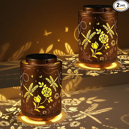 2 Pack Solar Lanterns Garden Decor Birthday Gifts for Women Mon Grandma Metal Hanging Solar Lights Waterproof Outdoor Decoration for Outside LED Lanterns for Yard (Dragonfly)