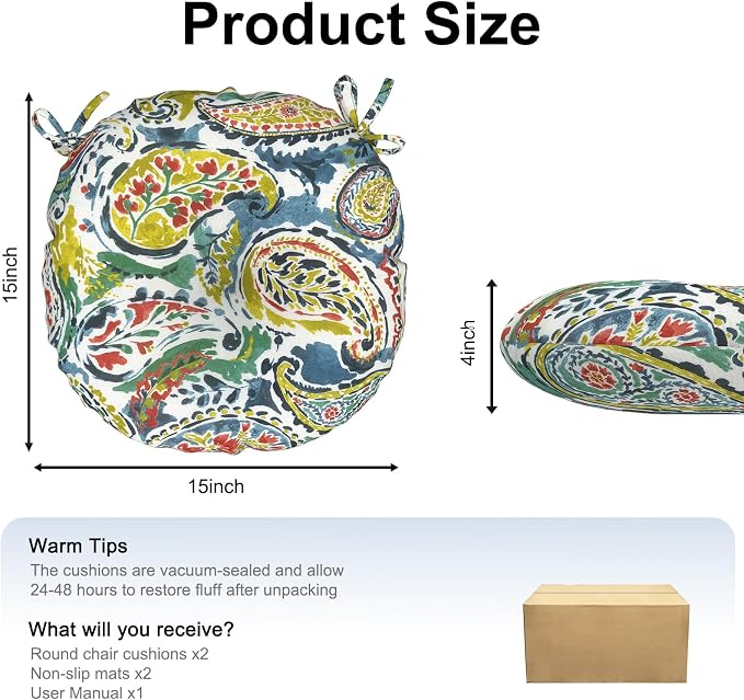 DYTXIII Set of 2 Outdoor Round Chair Cushions 15"x15"x4" with Ties, Water Repellent Tufted Bistro Seat Cushions, Thick Patio Chair Pads for Bar Stool, Garden & Dining Furniture - Paisley Paradise