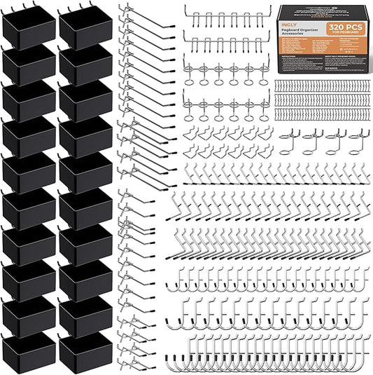INCLY 320PCS Pegboard Accessories Organizer Kit, Peg Board Hooks Assortment with 20PCS Bins for Organizing Various Tools, Fit 1/8 or 1/4 inch Pegboard for Garage Wall Hanging & Storage