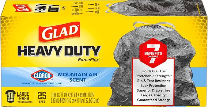 Glad Large 30 Gallon Trash Bags, Clorox Mountain Air Heavy Duty Garbage Bags, Forceflex with Drawstring, 25 Count (Packaging May Vary) (Pack of 6)