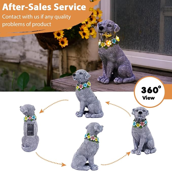 Solar Dog Garden Decor - Resin Dog Decor with Flowers LED Lights Garden Statue Yard Lawn Decor - Ideal Dog Gifts for Mom Women（Gray）