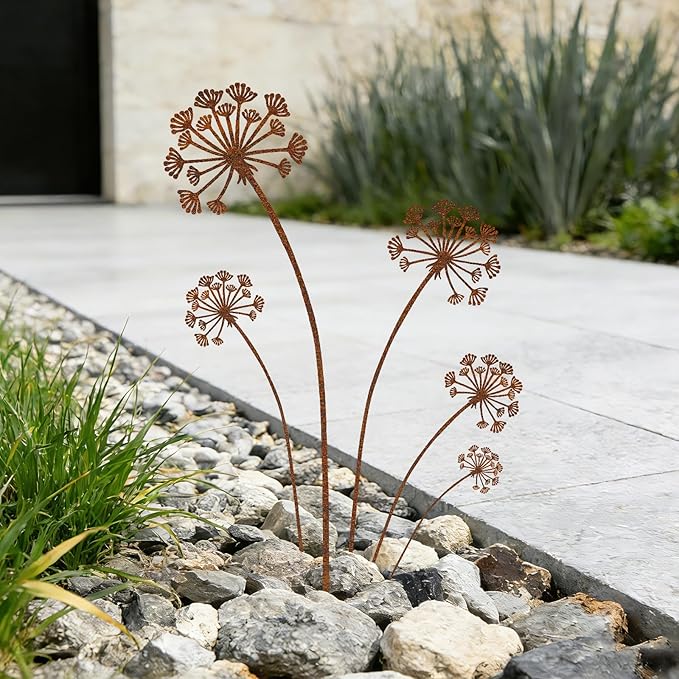 KODIBO 5-Pack Garden Stakes Decorative, Metal Dandelion Yard Stakes Outdoor Decor, Antique Rust Patina Yard Art, Rustic Garden Accents for Lawn, Border, Planters, Patio & Front Yard Landscaping