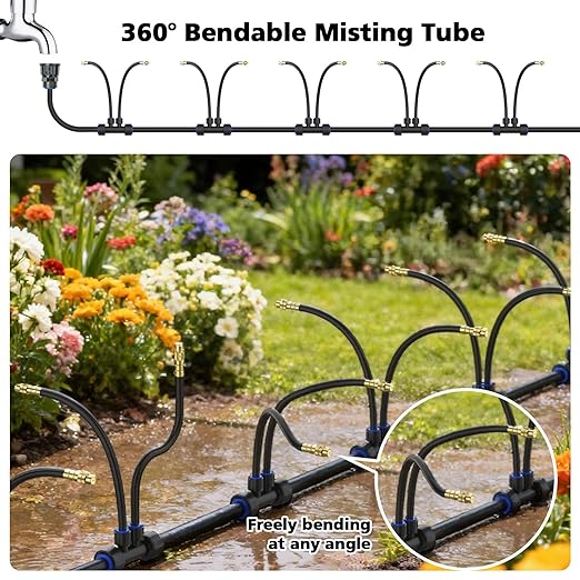 Drip Irrigation System 2 Ports - 360°Adjustable Garden Watering System 66FT with 40 Nozzles, Drip Irrigation Kit for Garden, Yard, Lawn, Greenhouse, Plants, 2/5 inch Hose