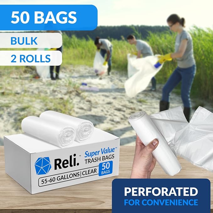 Reli. 55-60 Gallon Trash Bags Heavy Duty | 50 Trash Bags with Ties | Super Sizeable, Clear, Serious Garbage Cleanup