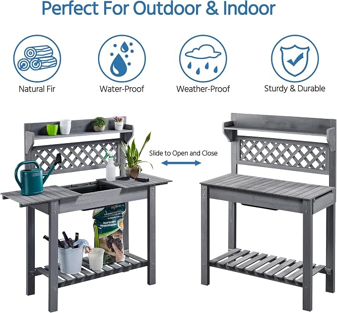 Topeakmart Potting Table Wood Workstation Table w/Sliding Tabletop w/Removable Dry Sink Storage Shelves Outdoor Garden Work Benches Station Planter Bench for Backyard Patio Gray