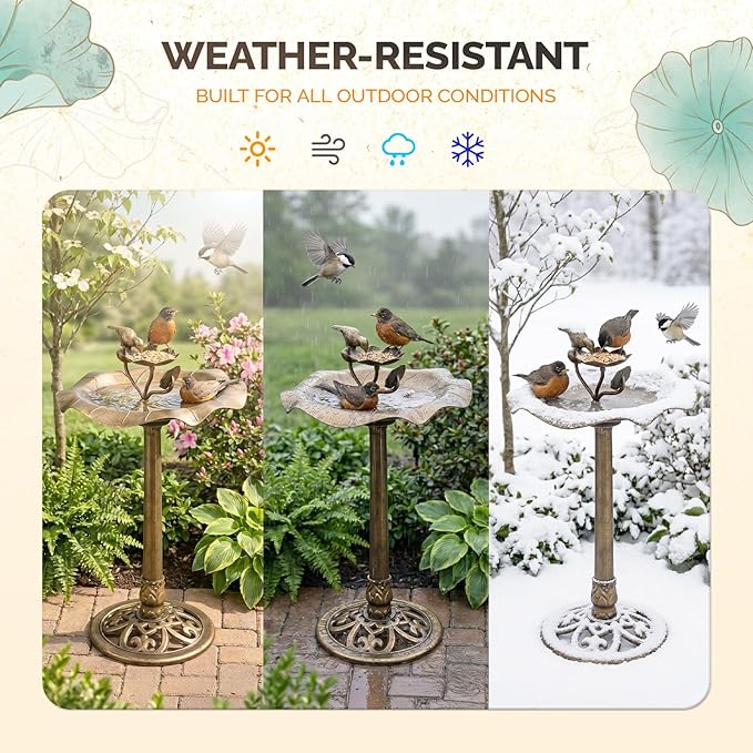 VINGLI Pedestal Bird Bath 28 Inch Antique Copper Resin Birdbaths Weather Resistant Floral Accents and Vintage Finish Garden Decor for Outdoor Lightweight Courtyard… (Copper-with Bird Feeder)