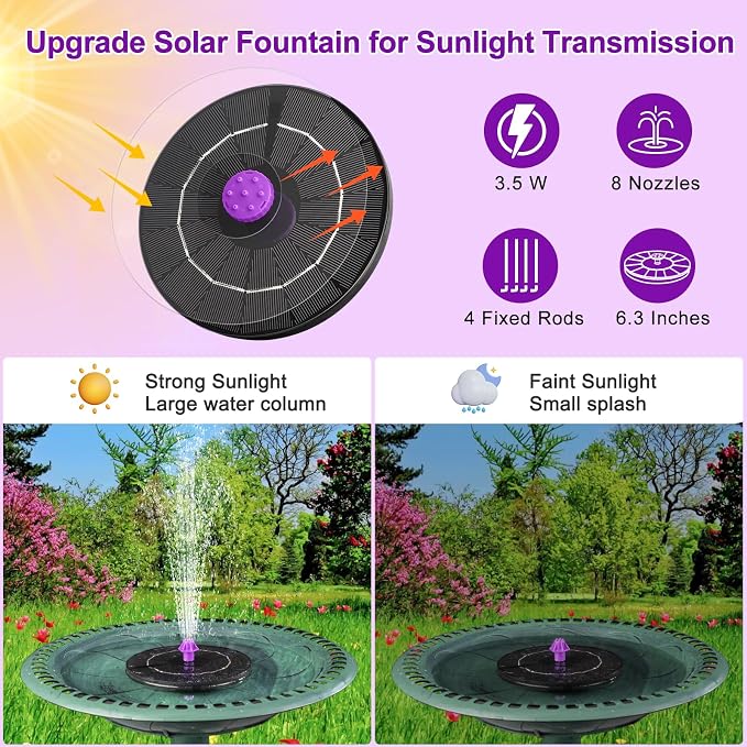3.5W Solar Bird Bath Fountain Pump, Solar Powered Water Pump, Outdoor Water Fountain with 8-in-1 Nozzles, 4 Fixed Pipes for Hummingbirds, Garden, Pool, Pond