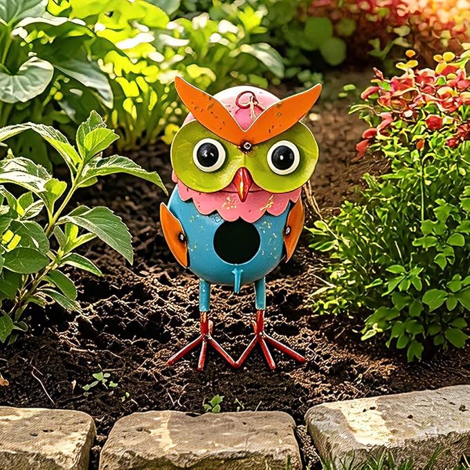 Metal Owl Garden Statues Yard Art Animal Figurines Hanging Birdhouse Outdoor Decor Lawn Ornaments Decorative Bird House for Outside