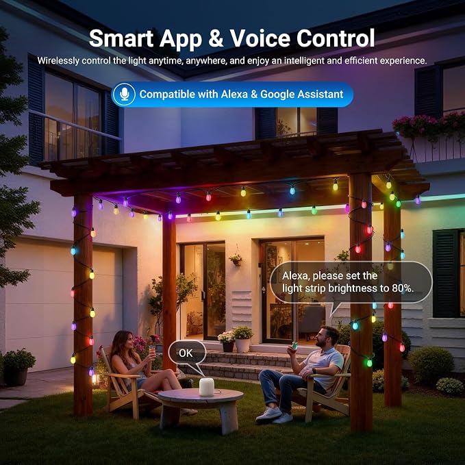 NEEWER 144ft Outdoor String Lights, App Control Smart AI RGBW Dimmable Patio Balcony Backyard Outside Hanging Lighting, IP65 Waterproof, 45 LED Bulbs, 50+ Scenes, Compatible with Alexa Google, NR01
