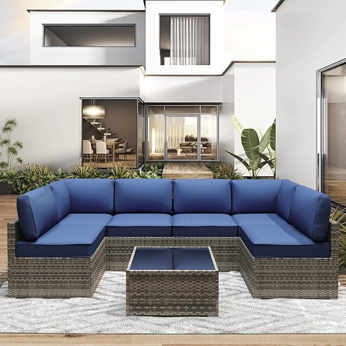 Outdoor Replacement Cushions for Patio Furniture,Water-Resistant Sofa Cushion for Rattan Wicker Sectional Patio Conversation Sets,14-Piece Outdoor Couch Cushion, Deep Blue