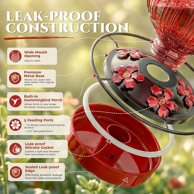 2 Pack Glass Hummingbird Feeder for Outdoors Hanging, Bird Nectar Feeder with Perch & 5 Flower Feeding Ports, 26 Oz Leak Proof for Outside Garden Decor Backyard, Gifts for Women Mom, Red + Orange Red