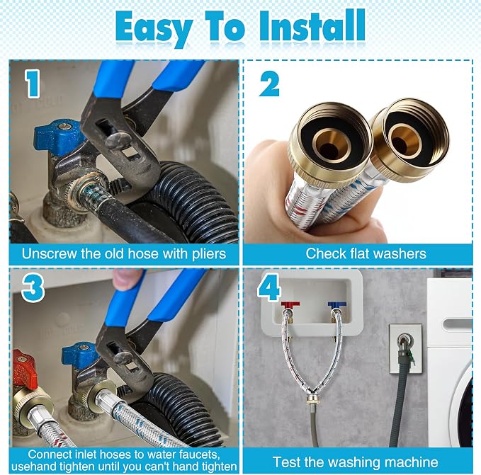 Dreyoo Hose Y Connector, 1 Ft Washing Machine Y Hose Split Stainless Steel, 3/4 Inch Brass Fittings, Hot and Cold Color Coded for Washing Machine Outdoor Faucets(1 Pcs)