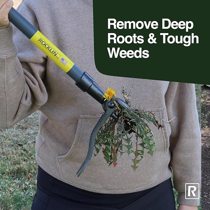 Rocklin Stand Up Weed Puller Tool Long Handle 48” | No Bending or Kneeling | 4-Claw Steel Head, Heavy Duty Dandelion Root Extractor & Weed Remover for Lawn for Dad, Husband & Men
