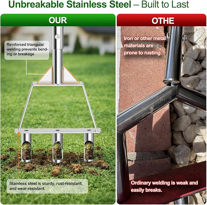 Lawn Core Aerator, Heavy-Dut Stainless Steel Lawn Plug Aerator Tool with 3 Hollow Tines, Triangular Welded Base, Semi-Assembled Grass Lawn Aerator for Lawn, Lawn Care Coring Soil Aerator