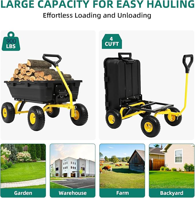 900LB Garden Dump Cart, 2026 Upgraded Heavy Duty Wheelbarrow Cart with 10" Non-Slip Pneumatic Tires & Quick-Release System, 4-Wheel Steel Frame Wagon for Transportation in Yard, Farm, Garden