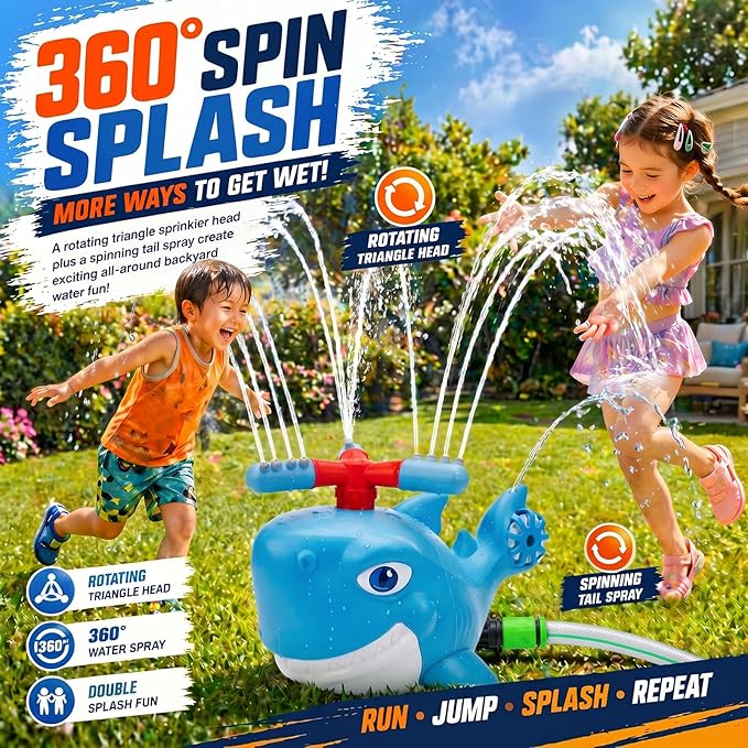 Shark Water Sprinkler Toy for Kids Ages 3-8, 4-in-1 Splash Baseball T Ball Set with Rocket Launcher, 360 Degree Sprinkler and Water Balls, Outdoor Backyard Summer Toy for Boys Girls