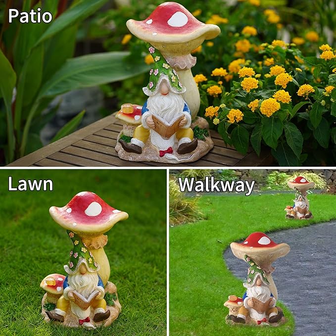 Solar Garden Outdoor Statues Gnome Reading Under Mushroom with 5 LED Lawn Decor Outside Decorations for Patio, Balcony, Yard Ornament Unique Garden Gift