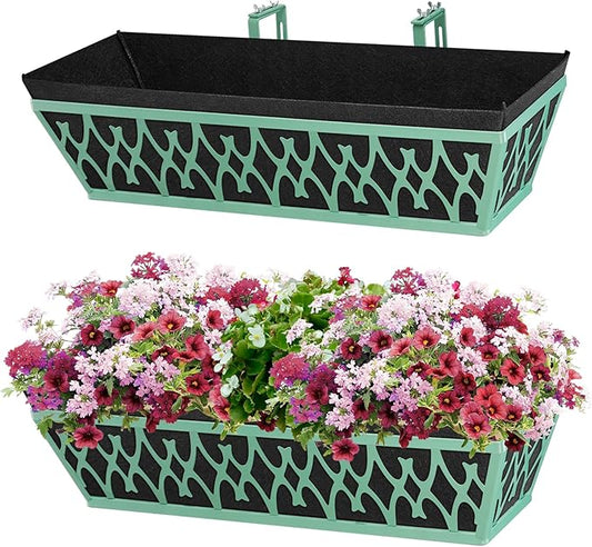 2 Pack 24 Inch Window Boxes Planters Railing Planter Box with Adjustable Brackets & Non-Woven Fabric Plant Grow Bags Deck Railing Planter Boxes Balcony Hanging Flower Box for Outdoor Plants