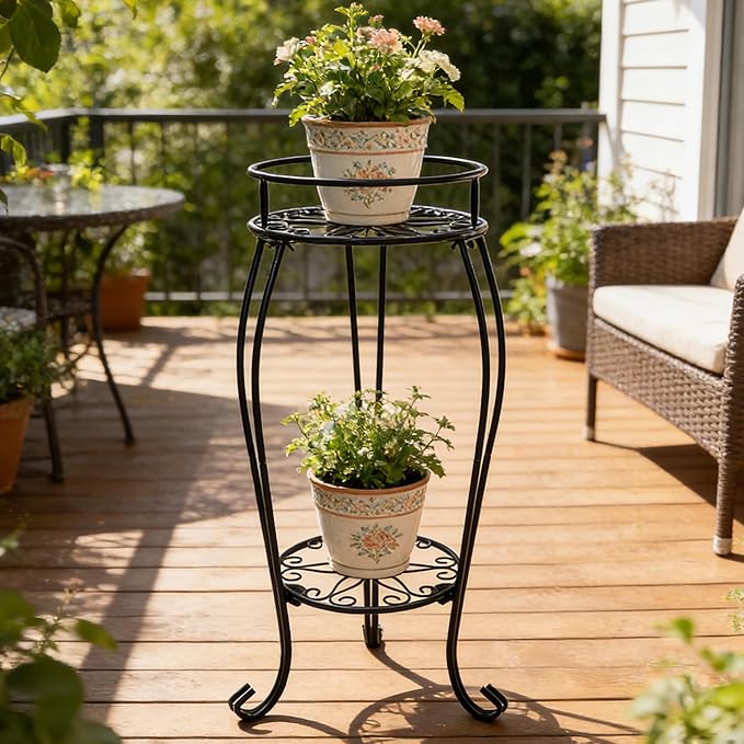 CASIMR 2-Pack Plant Stand, 2 Tier 26.8 inch Tall Metal Potted Holder Rack,Indoor Outdoor Multiple Flower Pot Shelf Rustproof Iron Garden Container for Garden Patio Living Room Corner Balcony, Black