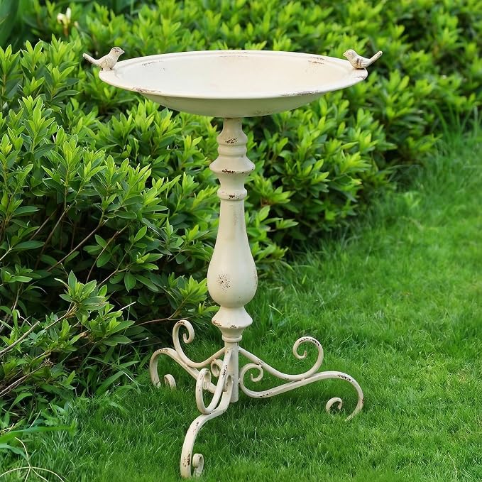 Newtay 27.25" Ornate Metal Pedestal Style Birdbath with Cast Iron Vintage Birds Baths for Outdoors on Rim Full Base Standing Bird Bath Tray for Garden Yard Decoration Not Easy to Rust (Beige)