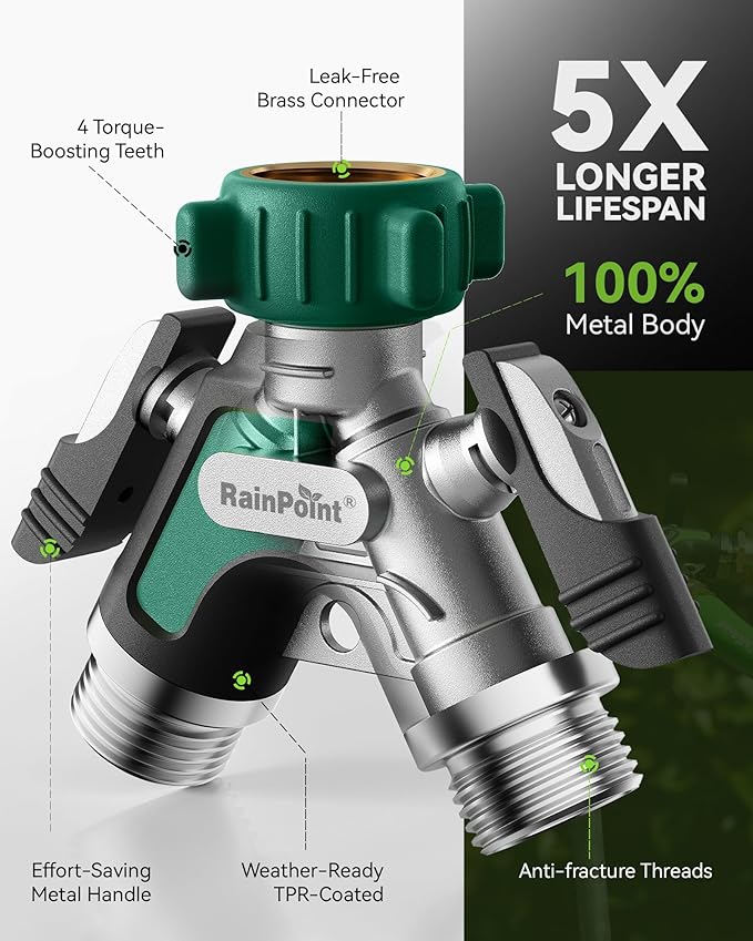 RAINPOINT Garden Hose Splitter 2 Way, All Metal Heavy Duty Water Hose Y Splitter With 2.05" Extra Long Side Handle & Shut Off Valves, 3/4 Inch GHT Thread Connector For Spigot Faucet (Dark Green,2)
