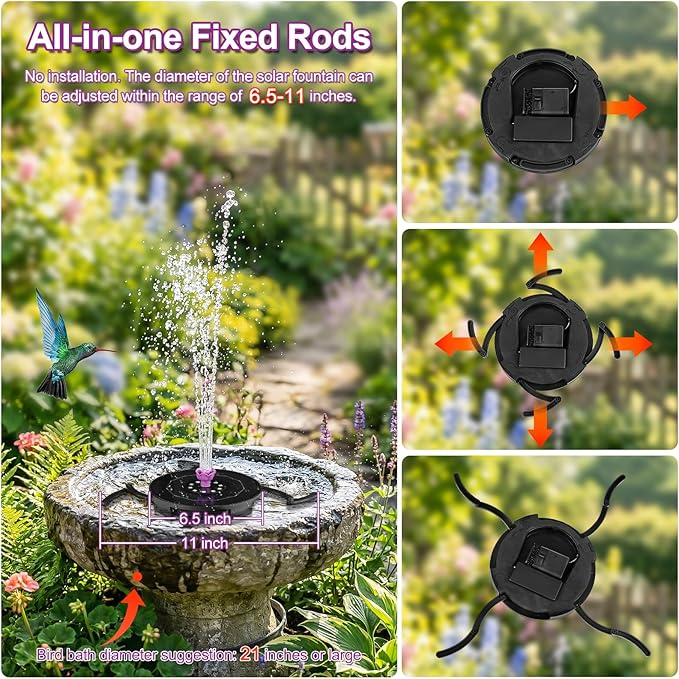 Solar Fountain Pump with 2000mah Battery & Works in Cloudy Day, Glass Solar Water Fountain with 10 LED Lights, 7 Nozzles and 3 Spray Height Adjustment, Solar Bird Bath Fountains for Garden, Pool, Pond