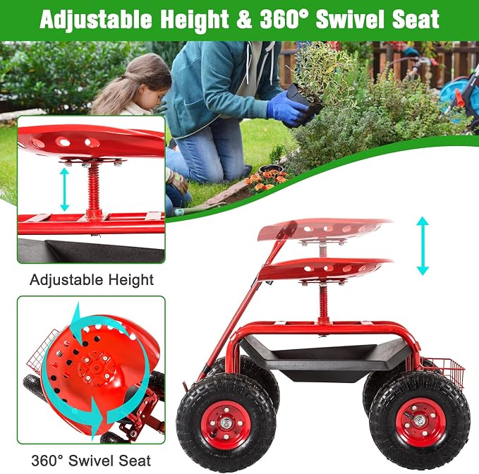 kinbor Garden Cart Rolling Scooter with Extendable Steering Handle, Swivel Seat & Utility Basket, Red
