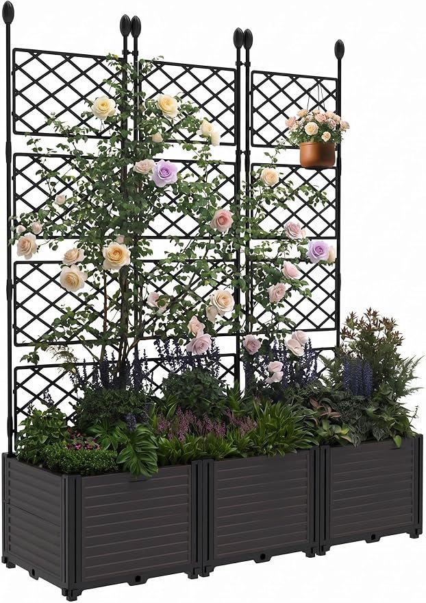 Patikuin 3-Section Sturdy Weather-Resistant Raised Garden Bed with Metal Trellis, Vertical Modular Planter Box & Privacy Screen for Climbing Plants, Vegetables, Flowers