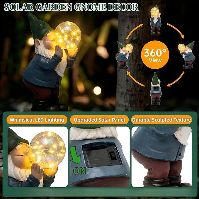 Solar Garden Gnome with Glowing Bubble Light | Waterproof Outdoor Statue for Patio, Yard & Garden Decor