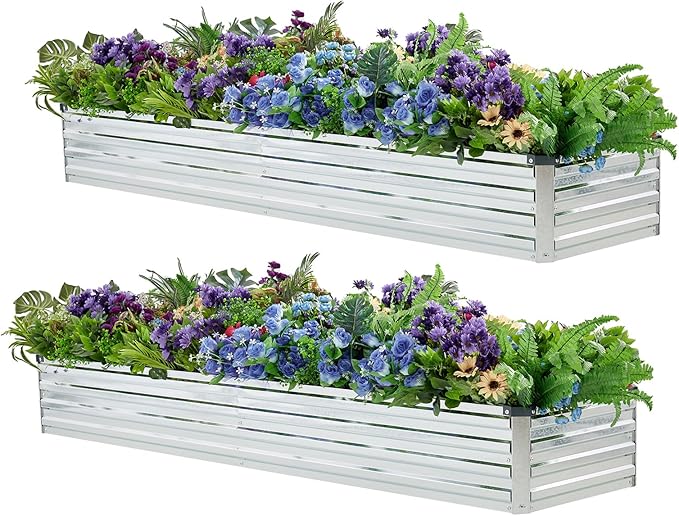 Meberam 2 Pack 8x2x1FT Galvanized Raised Garden Beds Kit Outdoor Metal Gardening Planter Box for Vegetable Elevated Flower Herbs,Silver