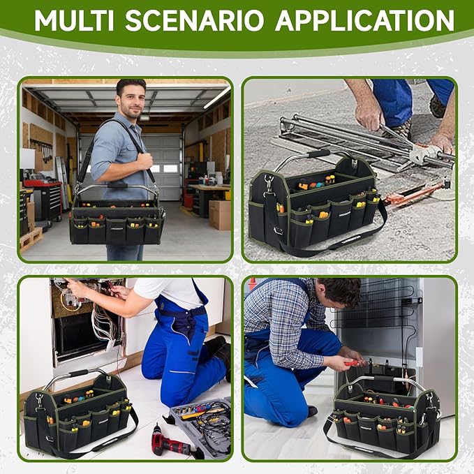 22In Electrician Tool Bag, Foldable Bags For Men Heavy Duty, Open Top Tool Tote, 30 Pockets Can Hold Many fittings, Organizer Stainless Steel Handle and Removable Shoulder Strap