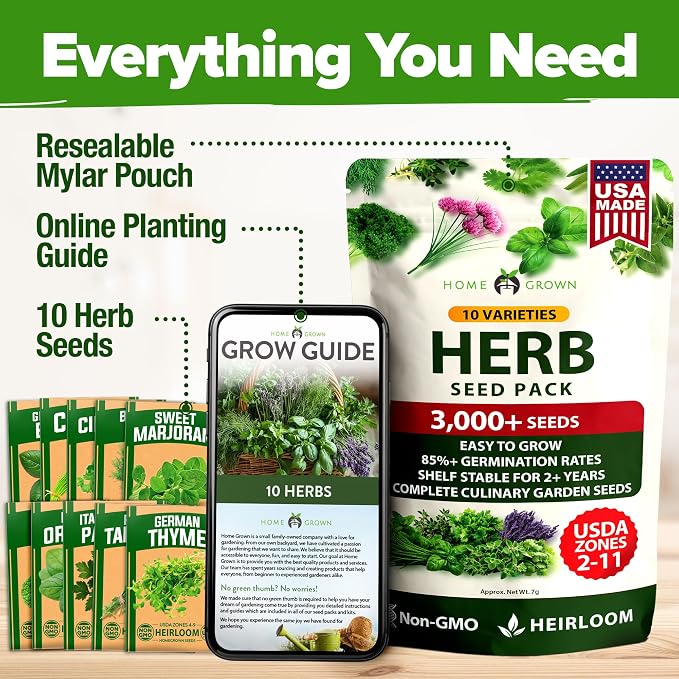 HOME GROWN 10 Herb Seeds for Planting 3,000+ Non-GMO Heirloom Seeds | Extra Large Variety Pack Herb Kit – Indoor Outdoor & Hydroponic | Culinary Seed Set | Grow Your Own Herbs | Gift for Beginners