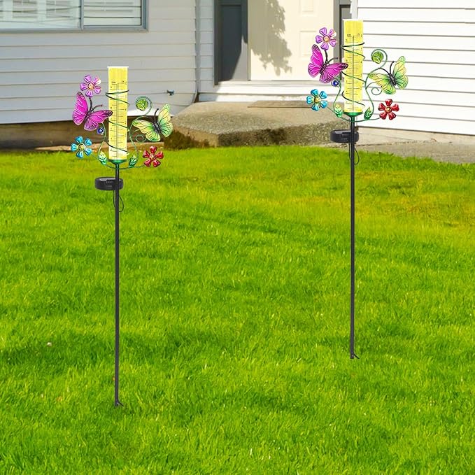 Butterfly Rain Gauge with 6 Inch Plastic Tube, Accurate Rain Gauges Outdoors Best Rated with LED Solar Lights Rain Measure Tool for Garden, Lawn, Patio