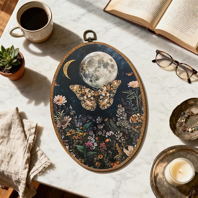DOFQZ Dark Floral Moon Butterfly Oval Wall Art Decor, Cottagecore Moth and Butterfly Framed Wall Art, Mystical Night Garden Canvas Walls Hanging Decor for Home Bedroom Living Room, 8.5x11.5