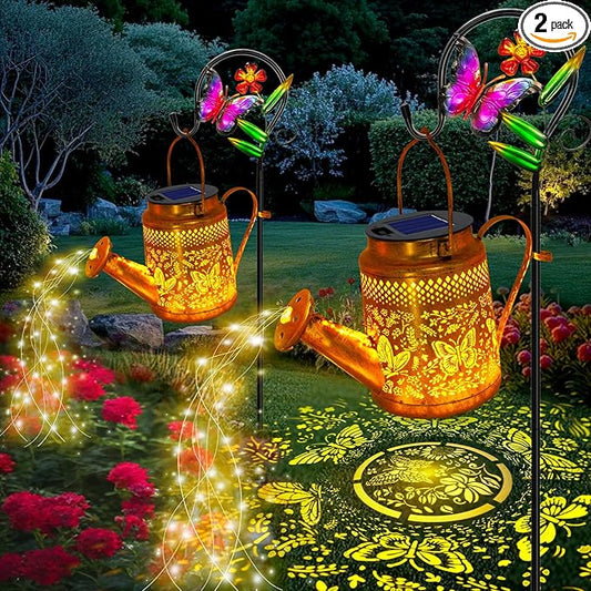 2 Pack Big Solar Butterfly Watering Can Lights, Gift For Mom Grandma Women Wife Daughter Mother's Day, Waterproof Outdoor Decor Light With Shepherd Hook, Hanging lantern Light For Yard Garden Backyard