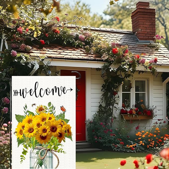 Summer Garden Flag Yellow Sunflower Mason Jar Double Sided 12x18 Inches Bee Welcome Small Yard Flag Burlap Welcome Yard Decoration for Outside Porch